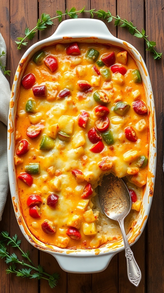 A golden baked casserole filled with vegetables and cheese on a rustic table.